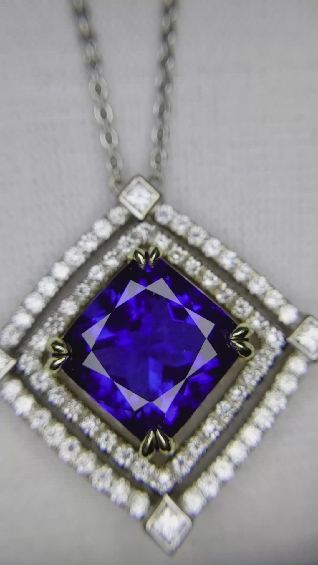 16.38 Ct. Violet Tanzanite and Natural Diamond Pave Necklace, 18K White & Yellow Size Video