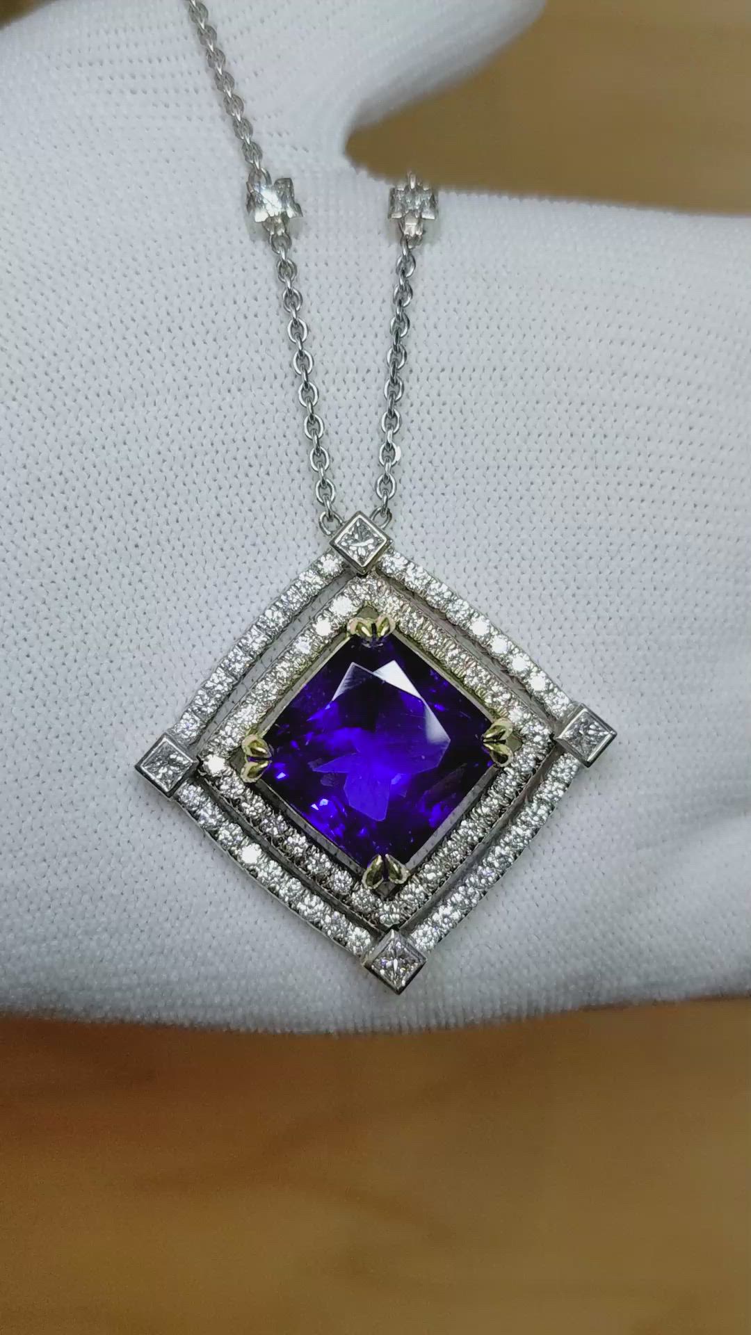 16.38 Ct. Violet Tanzanite and Natural Diamond Pave Necklace, 18K White & Yellow Size Video