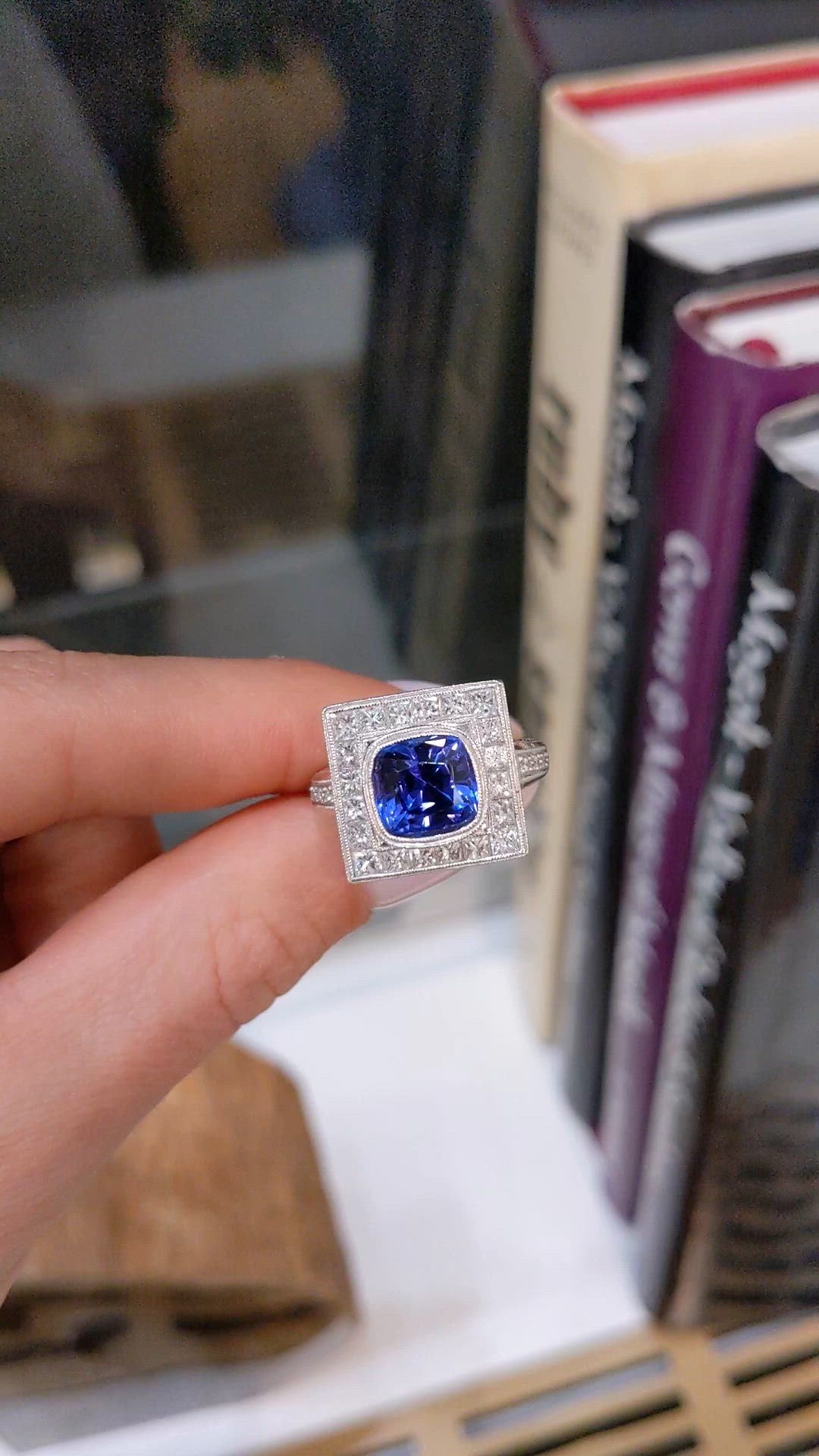 3.50 Ct. Violet Tanzanite and Natural Diamond Antique Style Ring, 18K White Gold Size Video