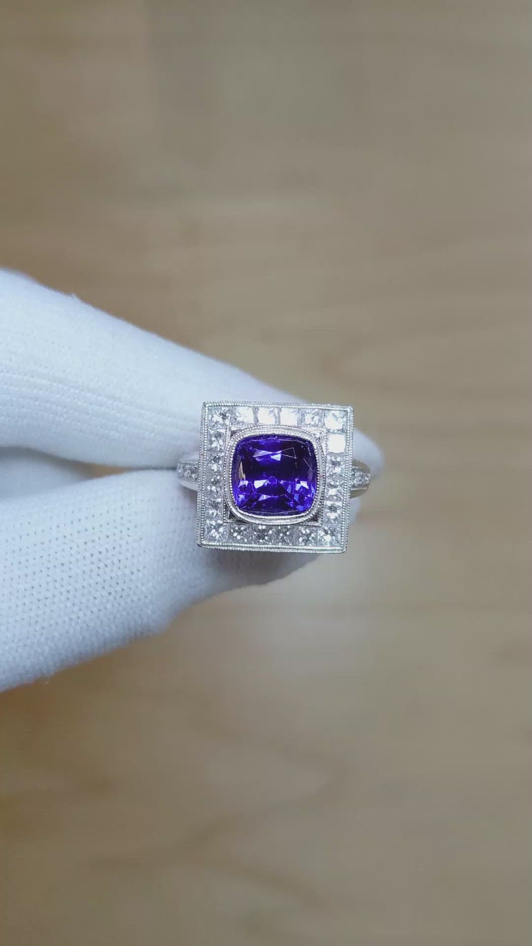3.50 Ct. Violet Tanzanite and Natural Diamond Antique Style Ring, 18K White Gold Size Video