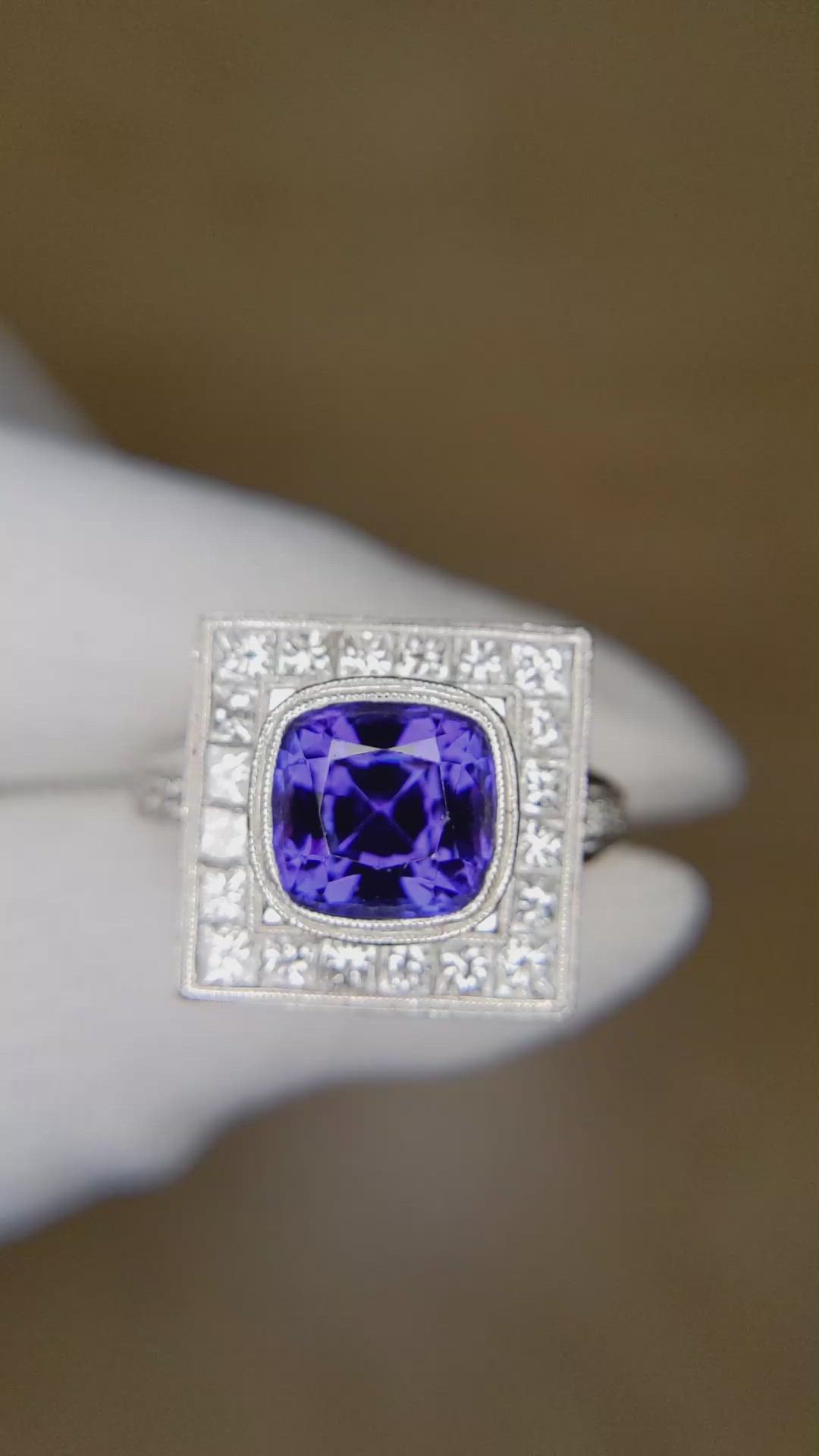 3.50 Ct. Violet Tanzanite and Natural Diamond Antique Style Ring, 18K White Gold Size Video