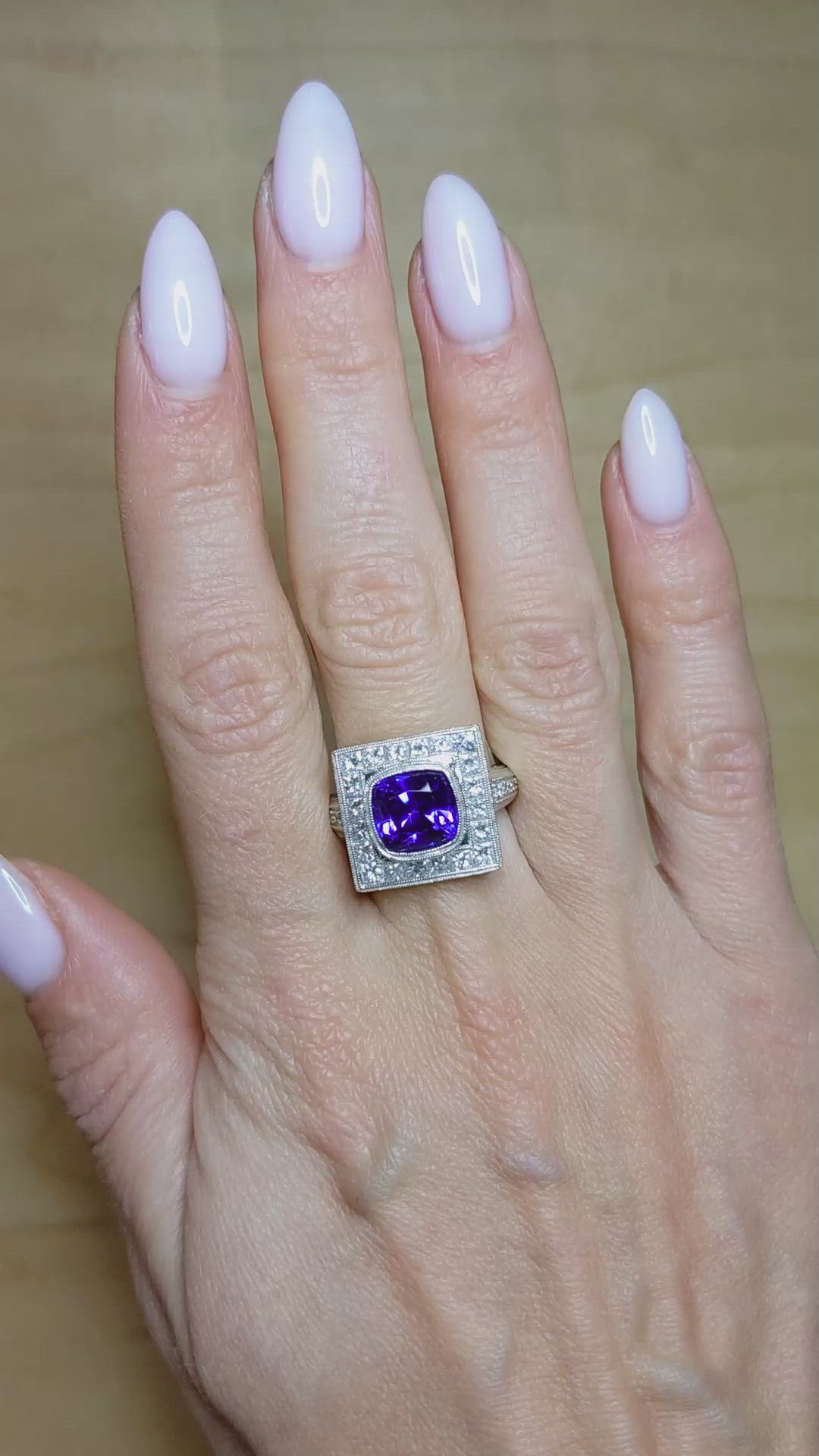 3.50 Ct. Violet Tanzanite and Natural Diamond Antique Style Ring, 18K White Gold Size Video