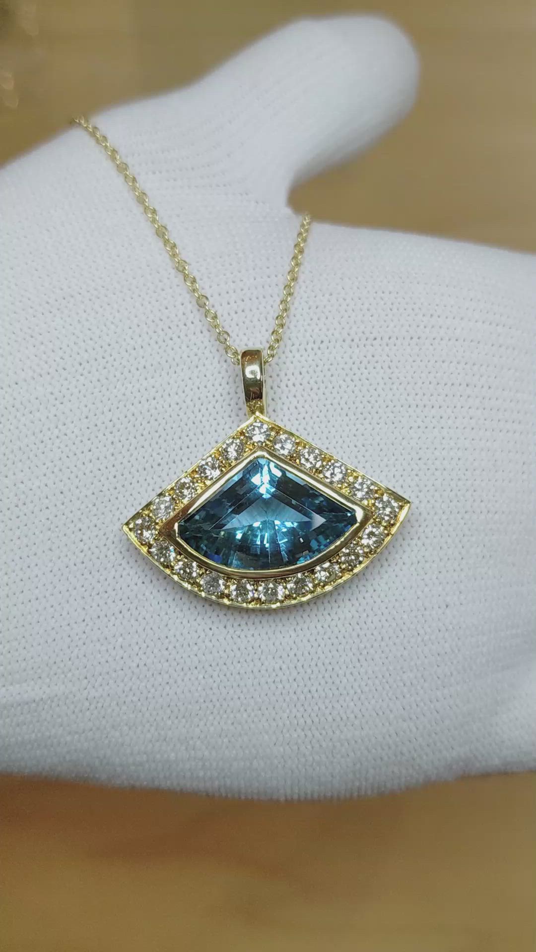 8.00 Ct. Blue Aquamarine and Natural Diamond Pave Pendant, 18K Yellow Gold Size Video