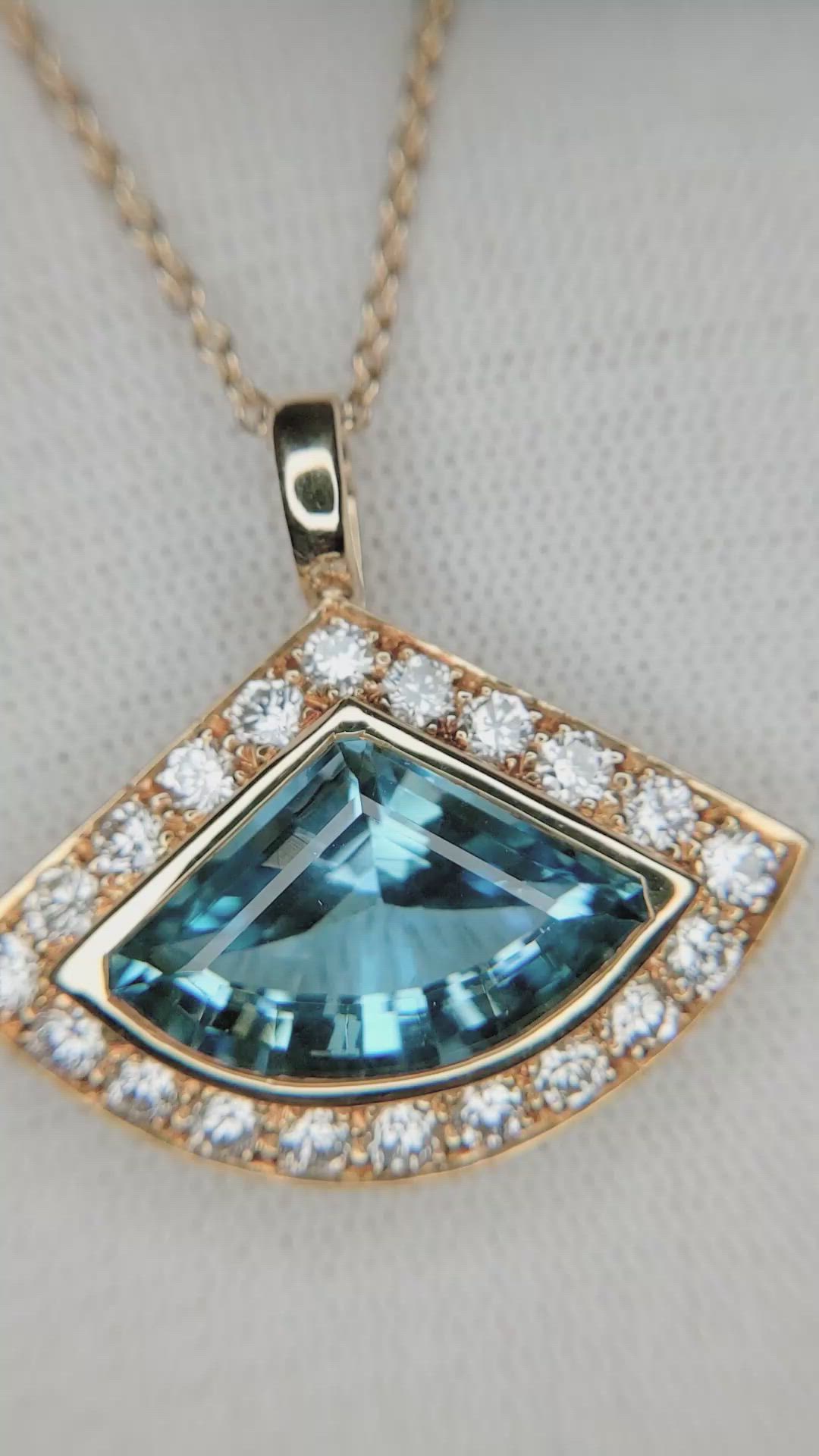 8.00 Ct. Blue Aquamarine and Natural Diamond Pave Pendant, 18K Yellow Gold Size Video