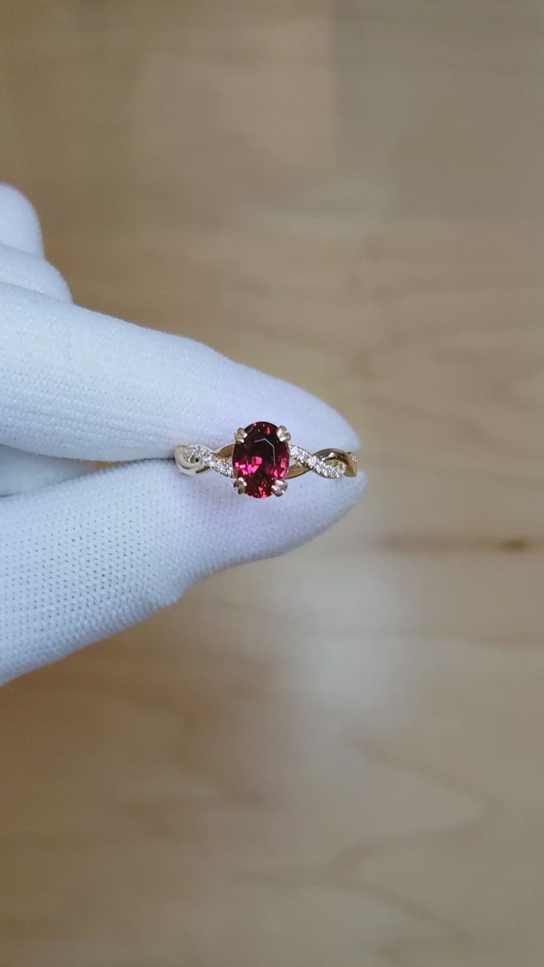 1.59 Ct. Purplish Red Garnet and Natural Diamond Pave Ring, 18K Rose Gold Size Video