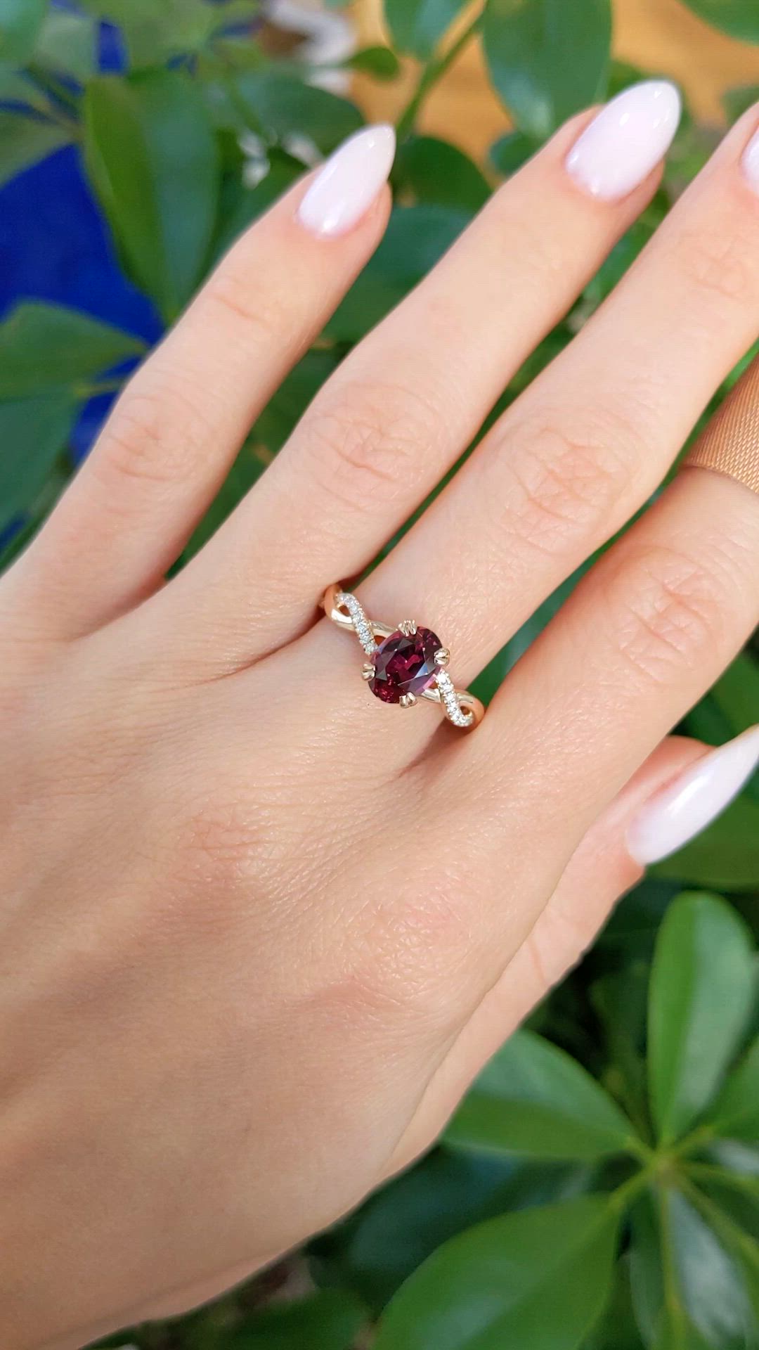 1.59 Ct. Purplish Red Garnet and Natural Diamond Pave Ring, 18K Rose Gold Size Video