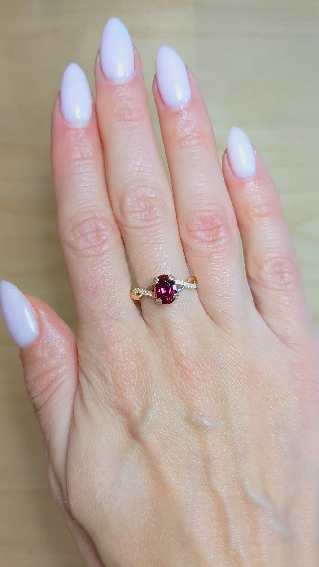 1.59 Ct. Purplish Red Garnet and Natural Diamond Pave Ring, 18K Rose Gold Size Video