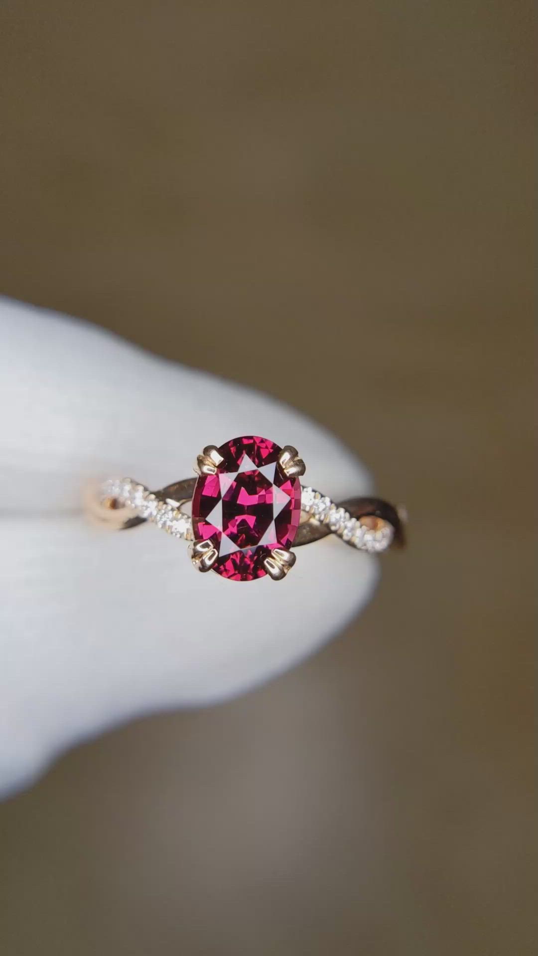 1.59 Ct. Purplish Red Garnet and Natural Diamond Pave Ring, 18K Rose Gold Size Video