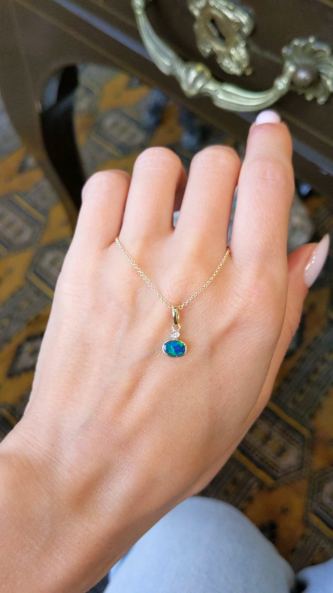 0.33 Ct. Blue Opal and Natural Diamond Bezel Pendant, 14K Yellow Gold Size Video