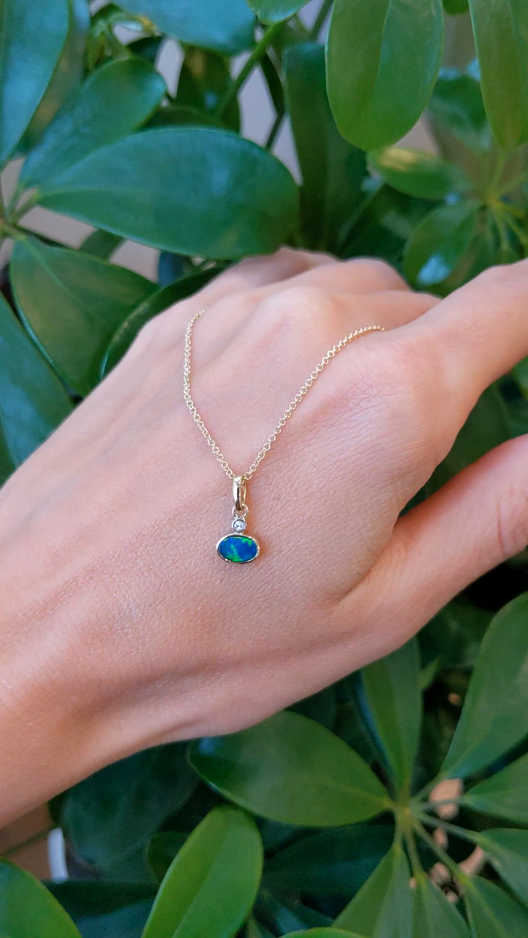 0.33 Ct. Blue Opal and Natural Diamond Bezel Pendant, 14K Yellow Gold Size Video