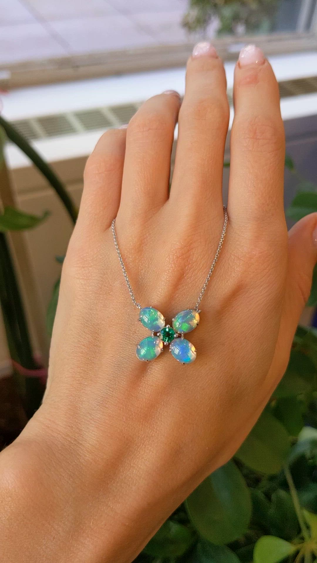 3.64 Ct.Tw.Total Carat Weight Multi Color Opal and Emerald Accent Stones Pendant, 14K White Gold Size Video