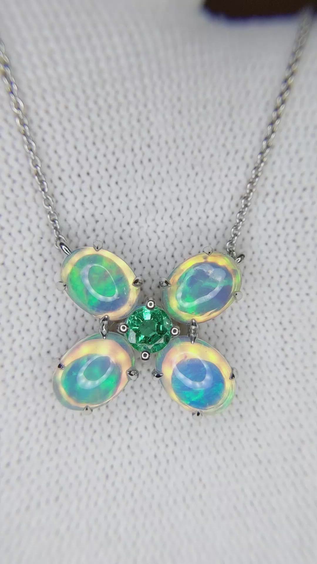 3.64 Ct.Tw.Total Carat Weight Multi Color Opal and Emerald Accent Stones Pendant, 14K White Gold Size Video