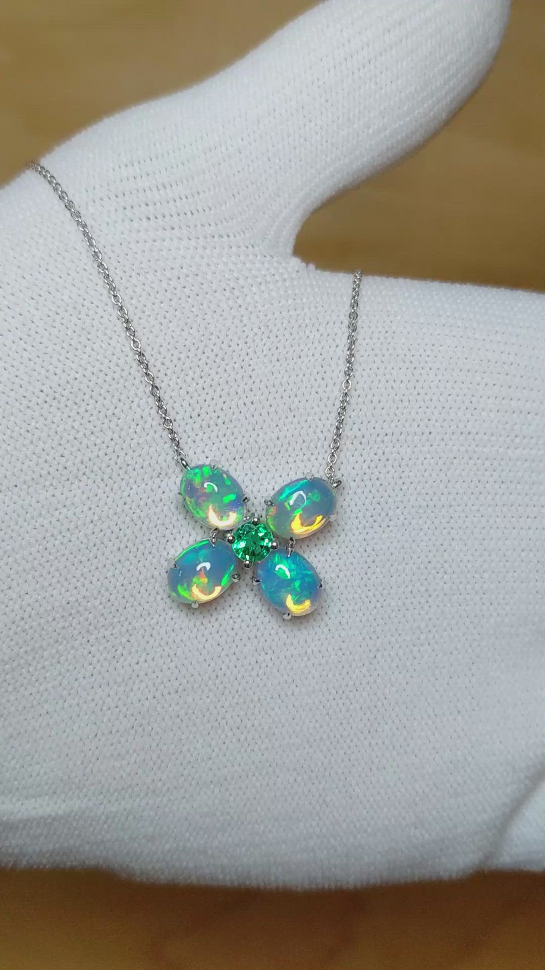 3.64 Ct.Tw.Total Carat Weight Multi Color Opal and Emerald Accent Stones Pendant, 14K White Gold Size Video
