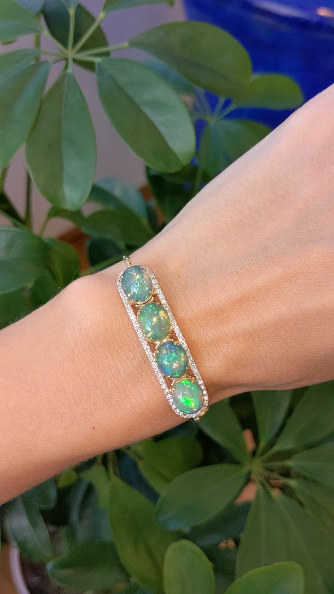 6.02&nbsp;Ct.Tw.Total Carat Weight Multi Color Opal and Natural Diamond Pave Bracelet, 14K Yellow Gold Size Video