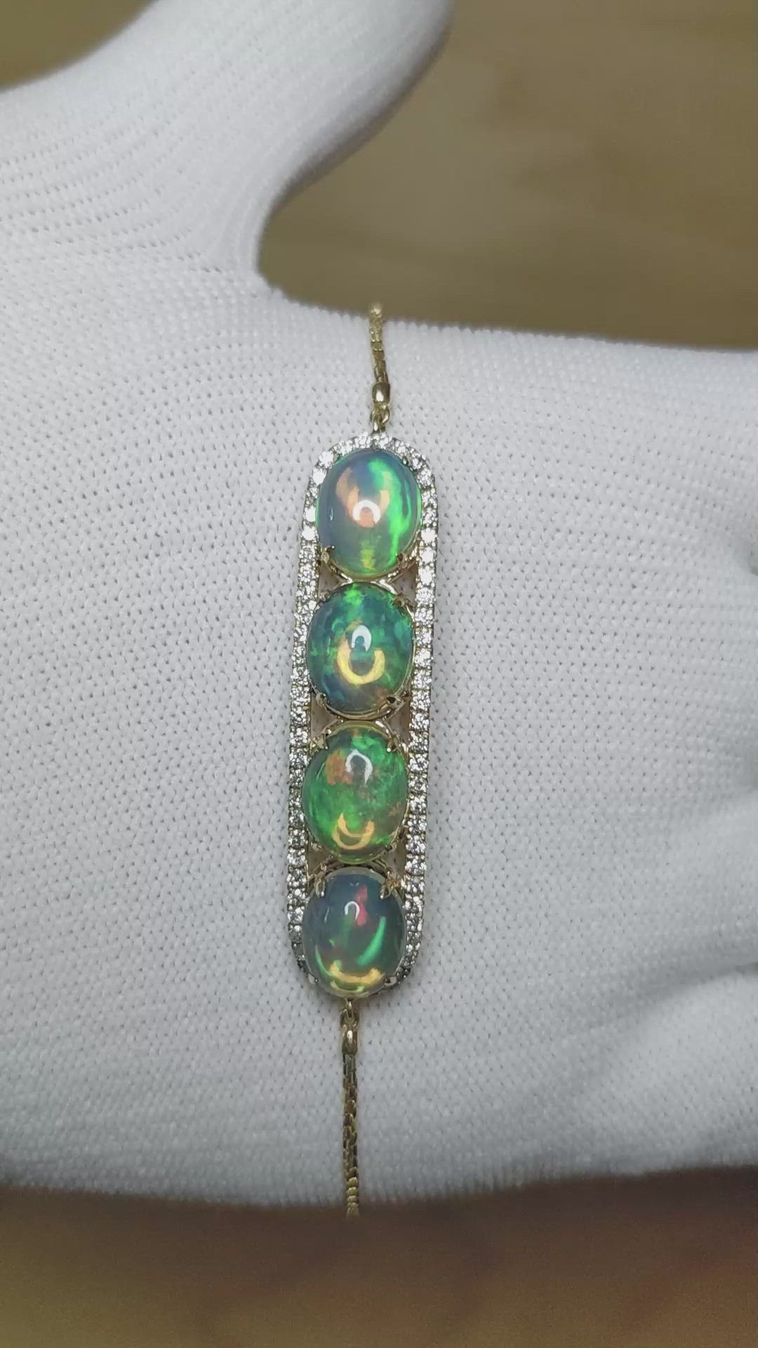 6.02&nbsp;Ct.Tw.Total Carat Weight Multi Color Opal and Natural Diamond Pave Bracelet, 14K Yellow Gold Size Video