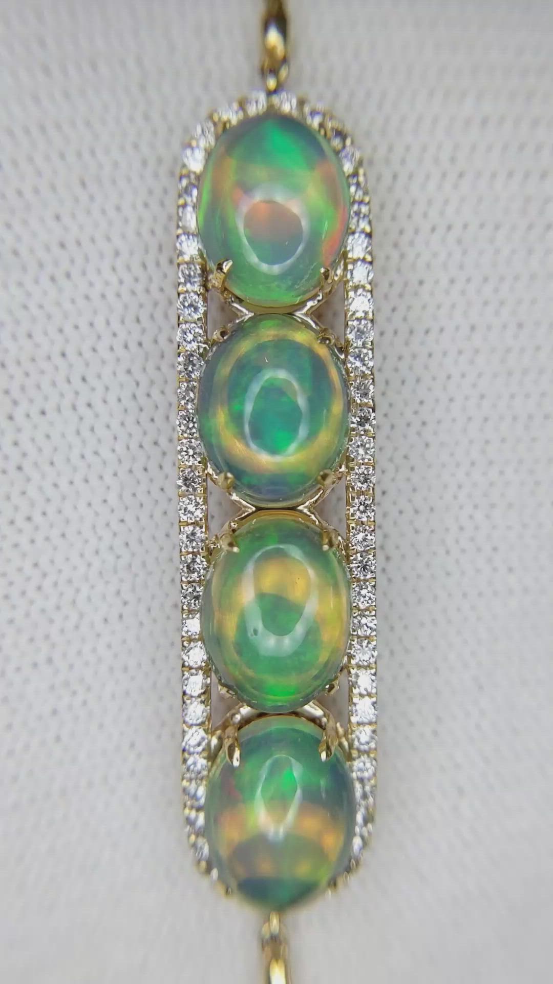6.02&nbsp;Ct.Tw.Total Carat Weight Multi Color Opal and Natural Diamond Pave Bracelet, 14K Yellow Gold Size Video
