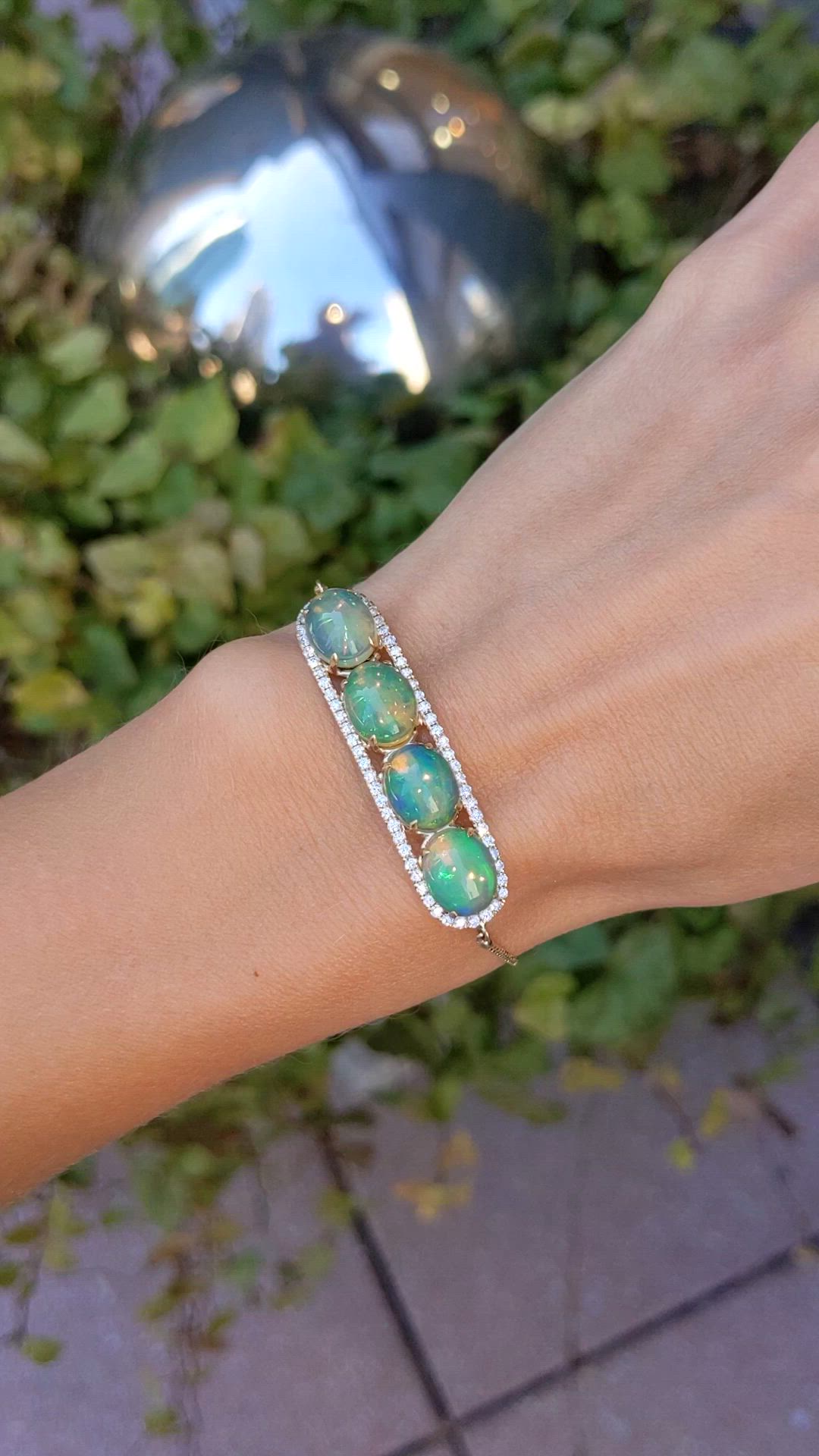 6.02&nbsp;Ct.Tw.Total Carat Weight Multi Color Opal and Natural Diamond Pave Bracelet, 14K Yellow Gold Size Video