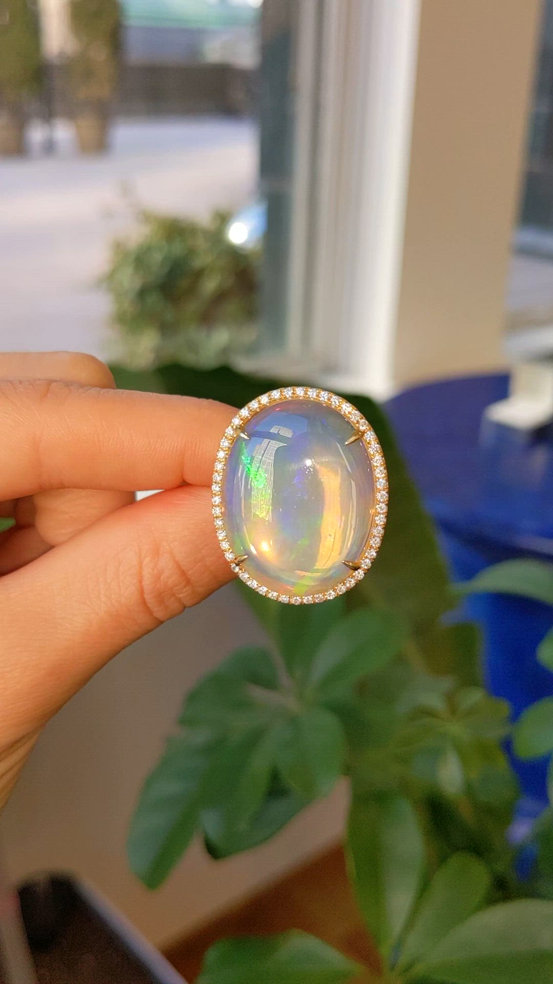 9.92 Ct. Multi Color Opal and Natural Diamond Antique Style Ring, 18K Yellow Gold Size Video