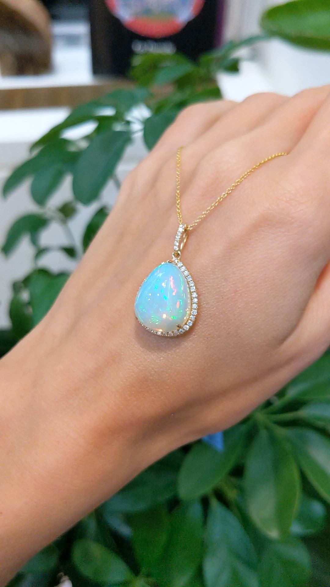 14.56 Ct. Multi Color Opal and Natural Diamond Antique Style Pendant, 14K Yellow Gold Size Video