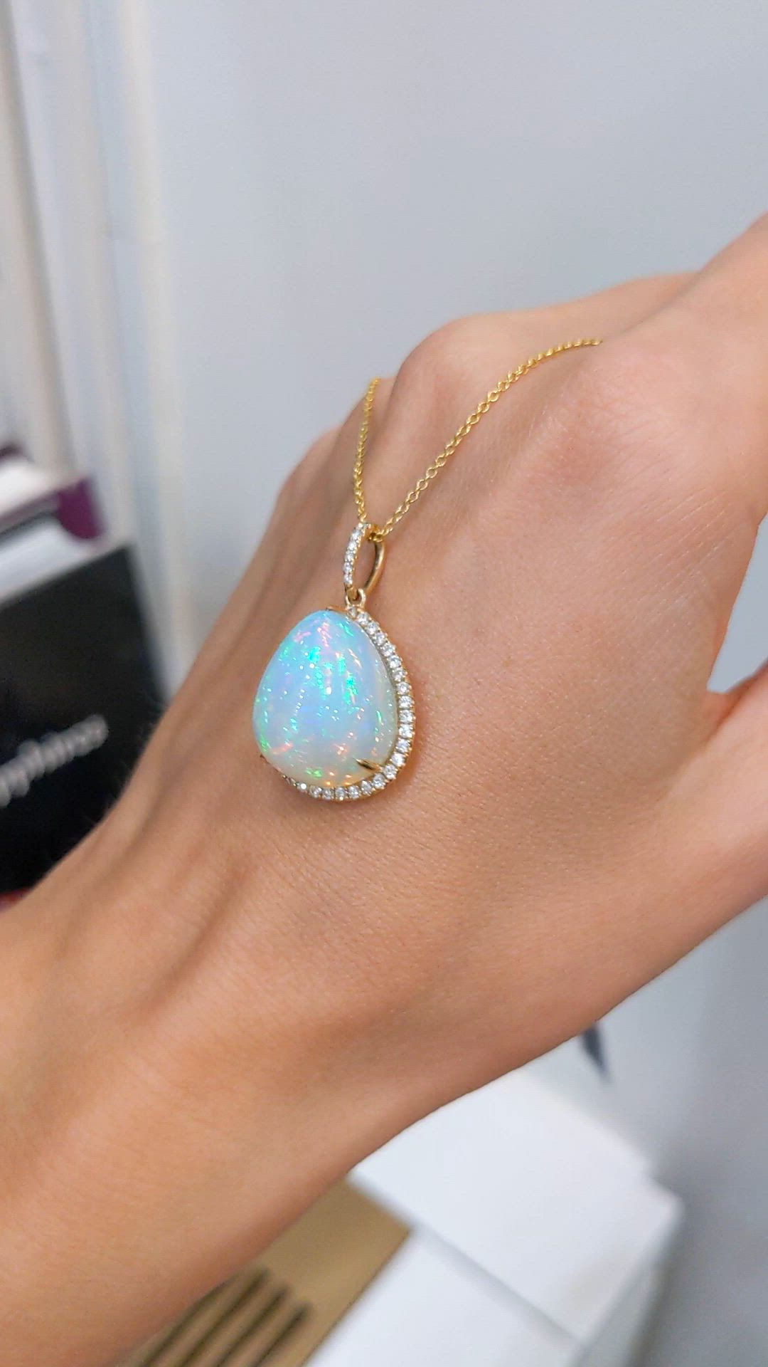 14.56 Ct. Multi Color Opal and Natural Diamond Antique Style Pendant, 14K Yellow Gold Size Video