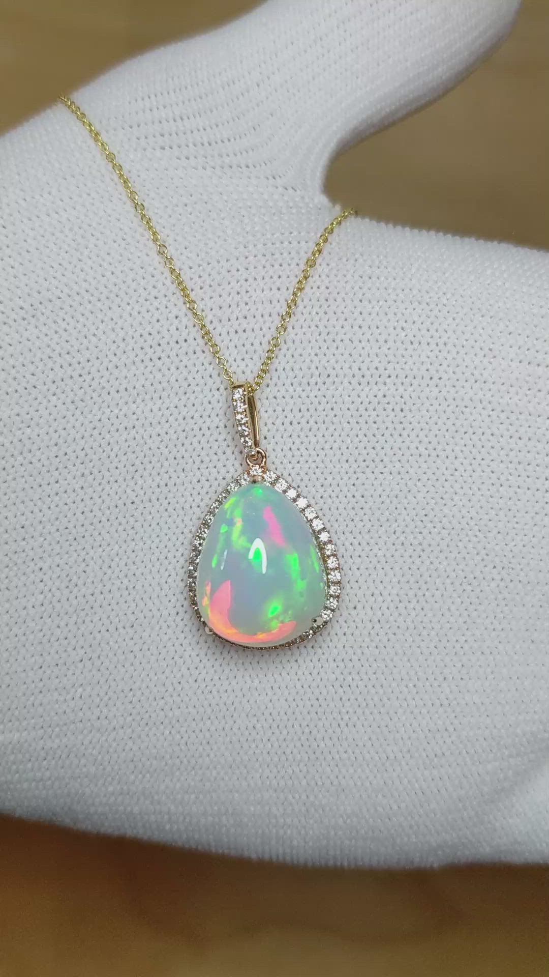 14.56 Ct. Multi Color Opal and Natural Diamond Antique Style Pendant, 14K Yellow Gold Size Video