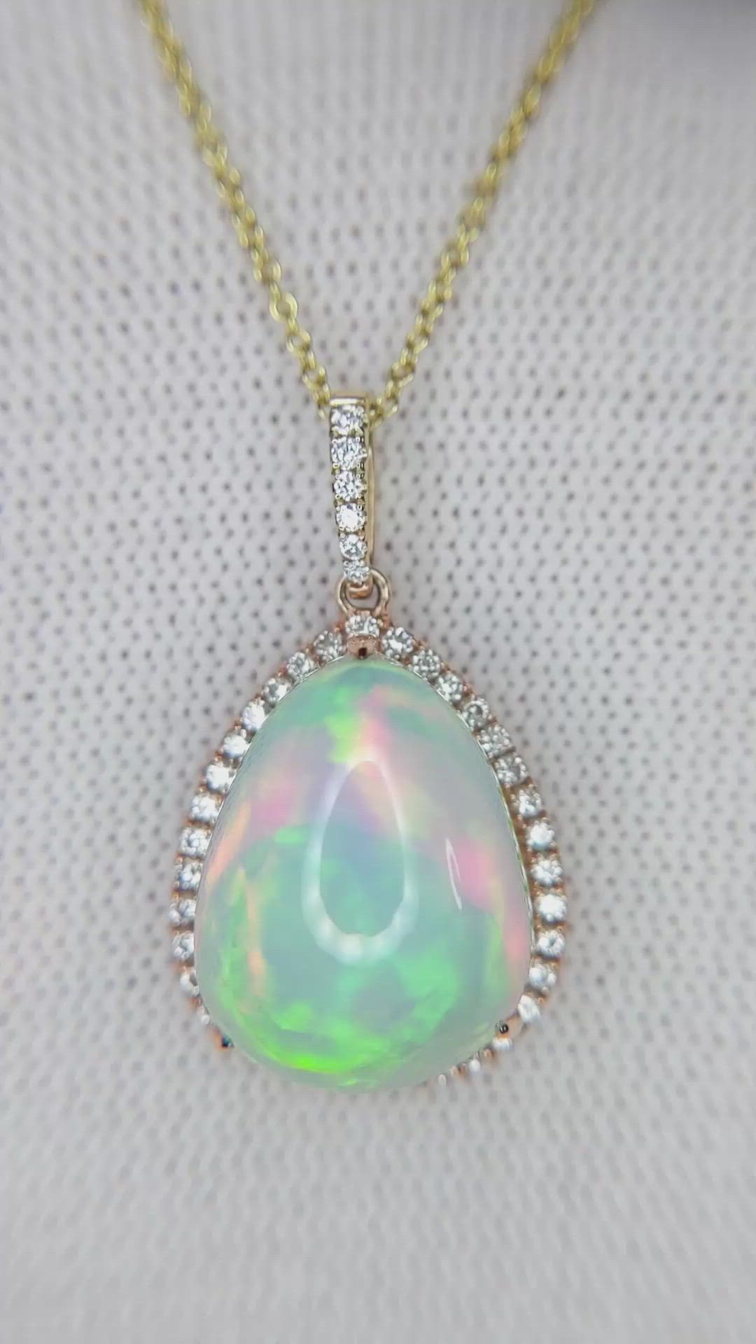 14.56 Ct. Multi Color Opal and Natural Diamond Antique Style Pendant, 14K Yellow Gold Size Video