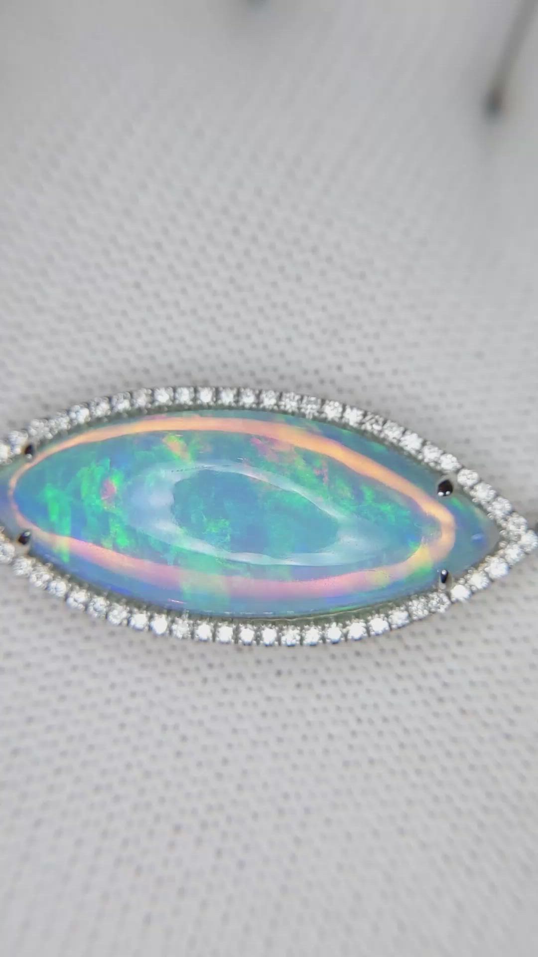 10.54 Ct. Multi Color Opal and Natural Diamond Halo Necklace, 14K White Gold Size Video