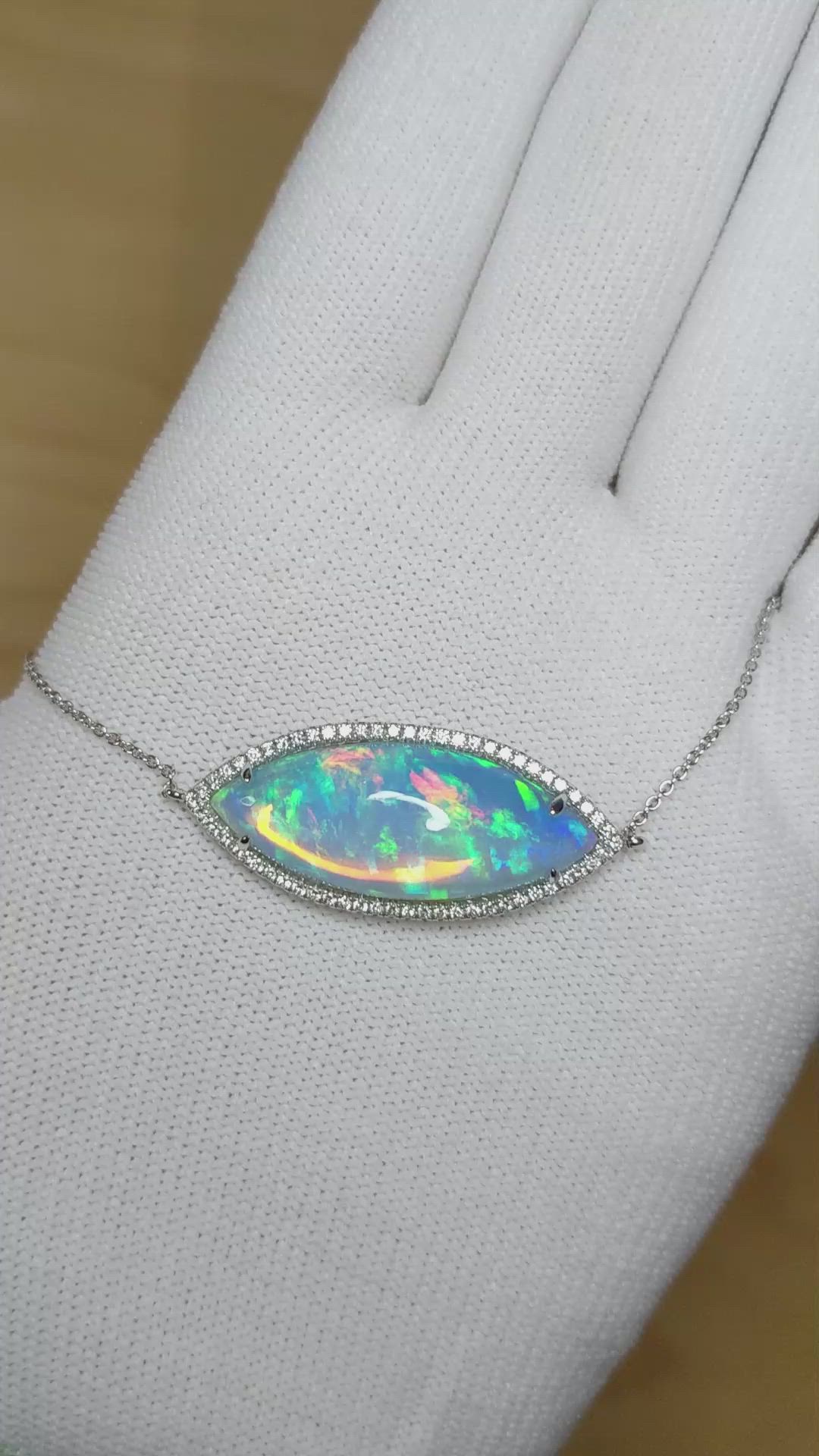 10.54 Ct. Multi Color Opal and Natural Diamond Halo Necklace, 14K White Gold Size Video
