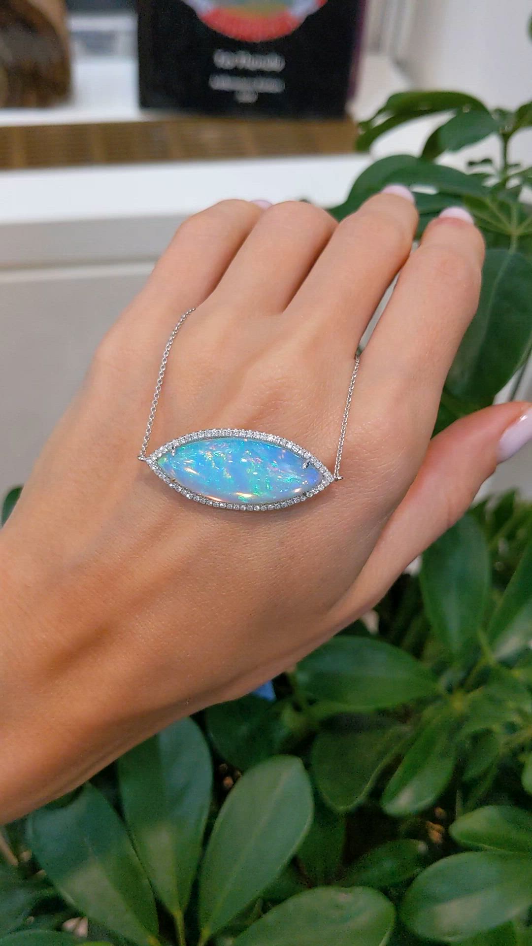 10.54 Ct. Multi Color Opal and Natural Diamond Halo Necklace, 14K White Gold Size Video