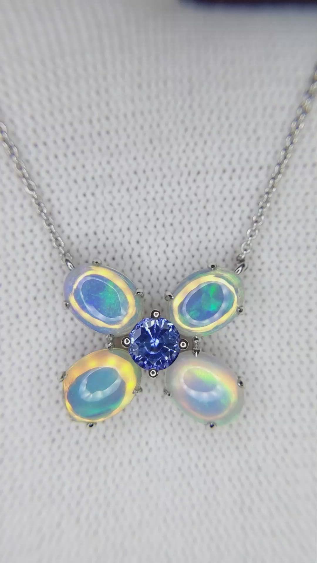 3.24&nbsp;Ct.Tw.Total Carat Weight Multi Color Opal and Blue Sapphire Multi Stone Necklace, 14K White Gold Size Video