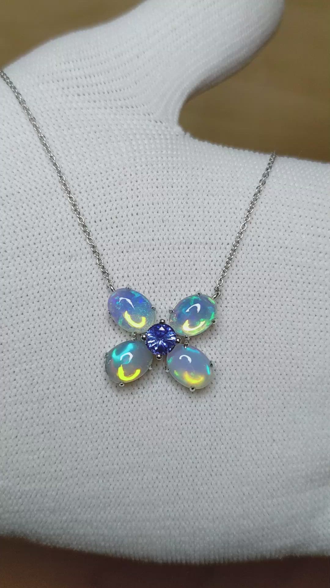 3.24&nbsp;Ct.Tw.Total Carat Weight Multi Color Opal and Blue Sapphire Multi Stone Necklace, 14K White Gold Size Video