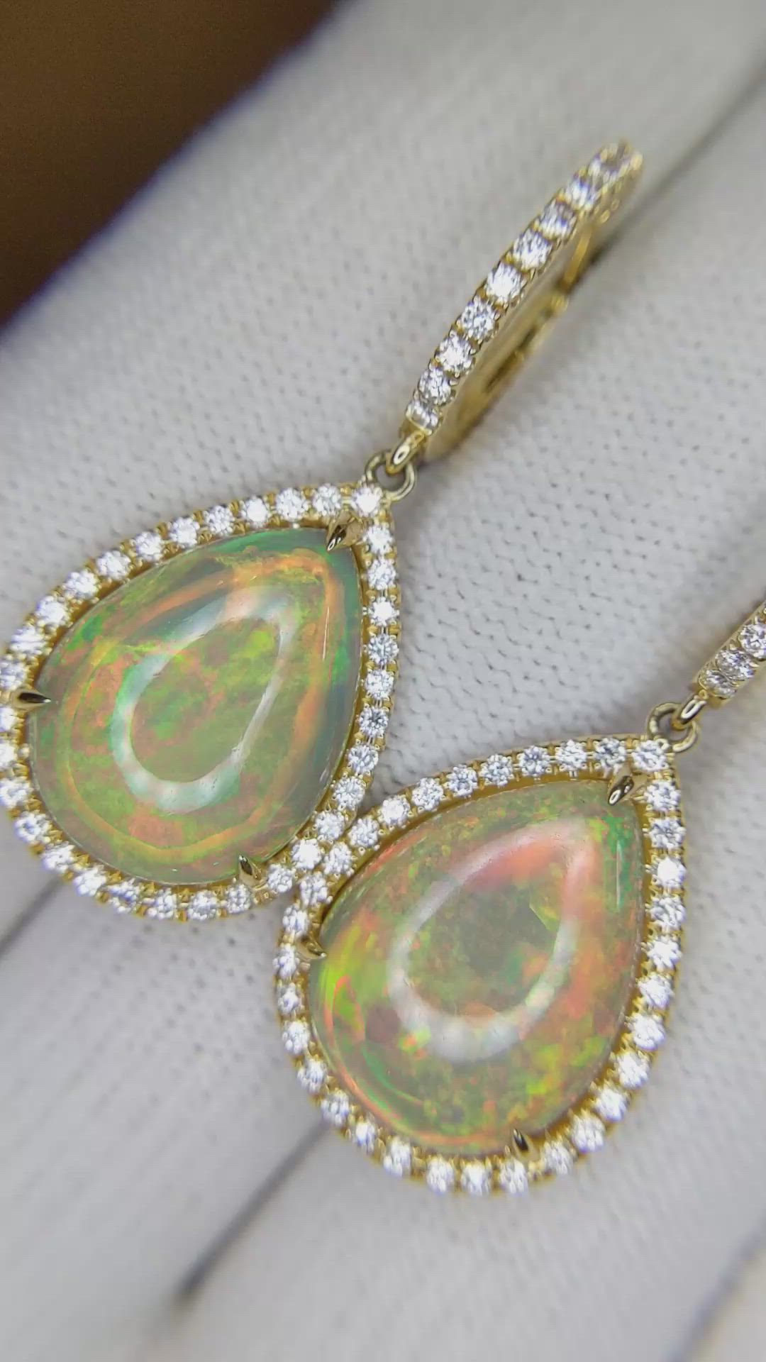23.71&nbsp;Ct.Tw.Total Carat Weight Multi Color Opal and Natural Diamond Pave Earrings, 18K Yellow Gold Size Video