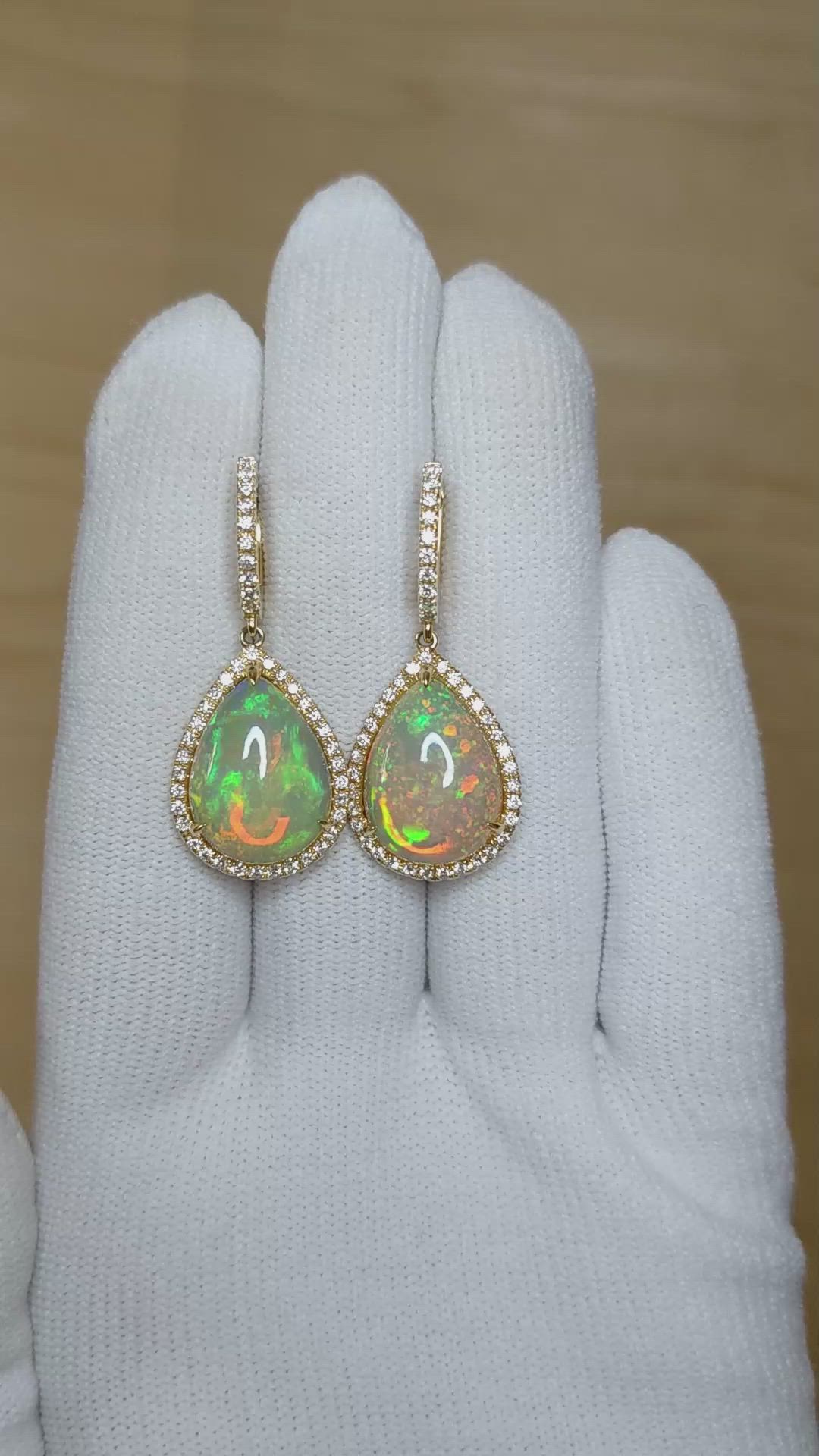 23.71&nbsp;Ct.Tw.Total Carat Weight Multi Color Opal and Natural Diamond Pave Earrings, 18K Yellow Gold Size Video