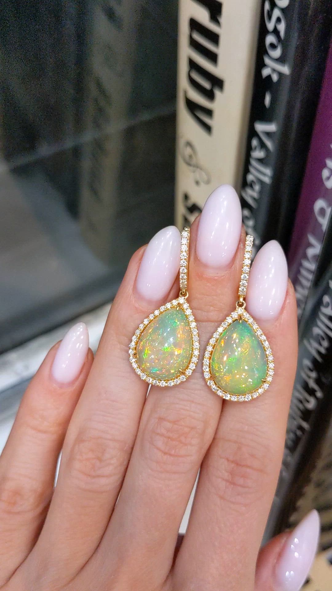 23.71&nbsp;Ct.Tw.Total Carat Weight Multi Color Opal and Natural Diamond Pave Earrings, 18K Yellow Gold Size Video