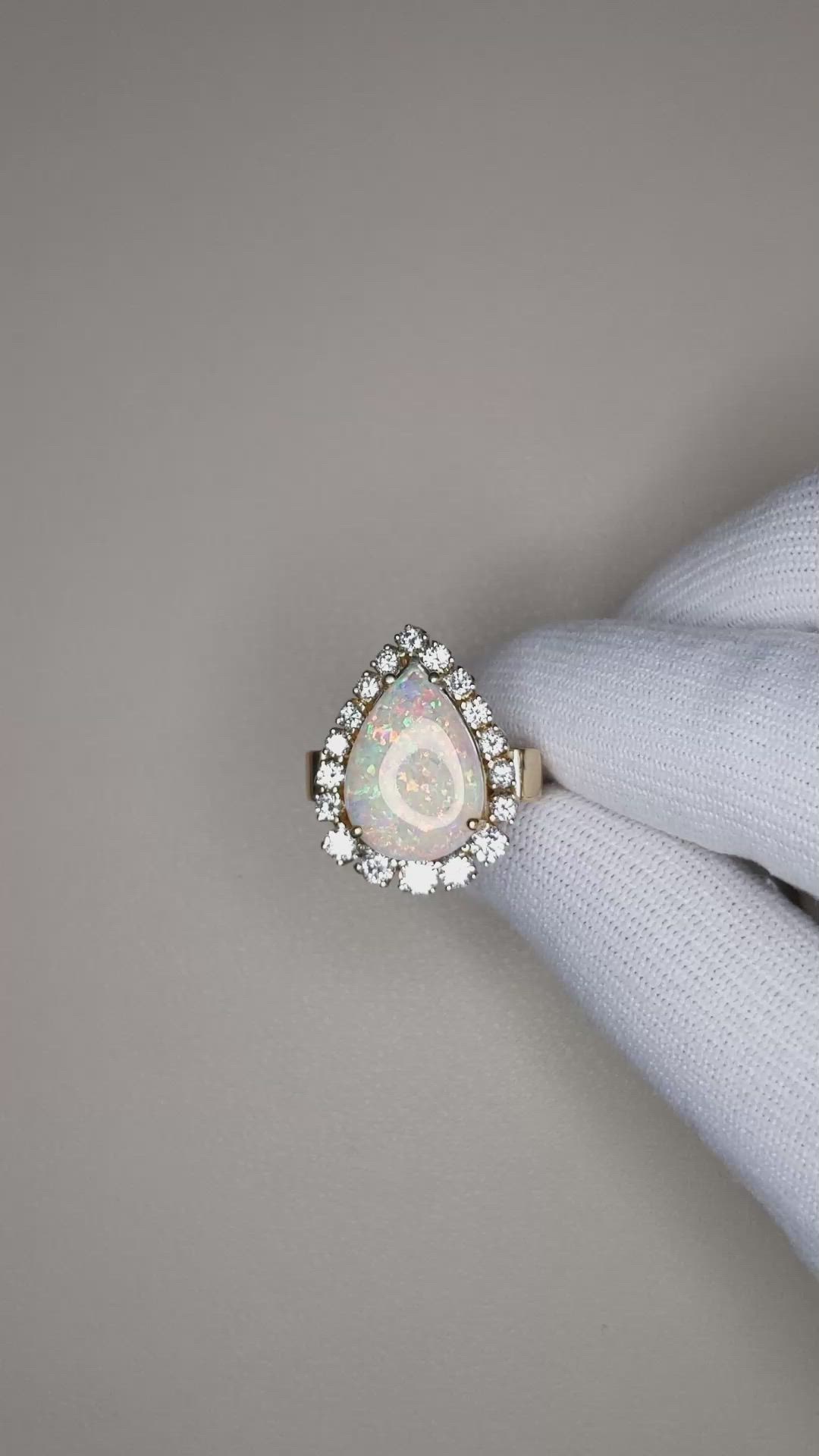 3.75 Ct. Multi Color Opal and Natural Diamond Halo Ring, 18K Yellow Gold Size Video