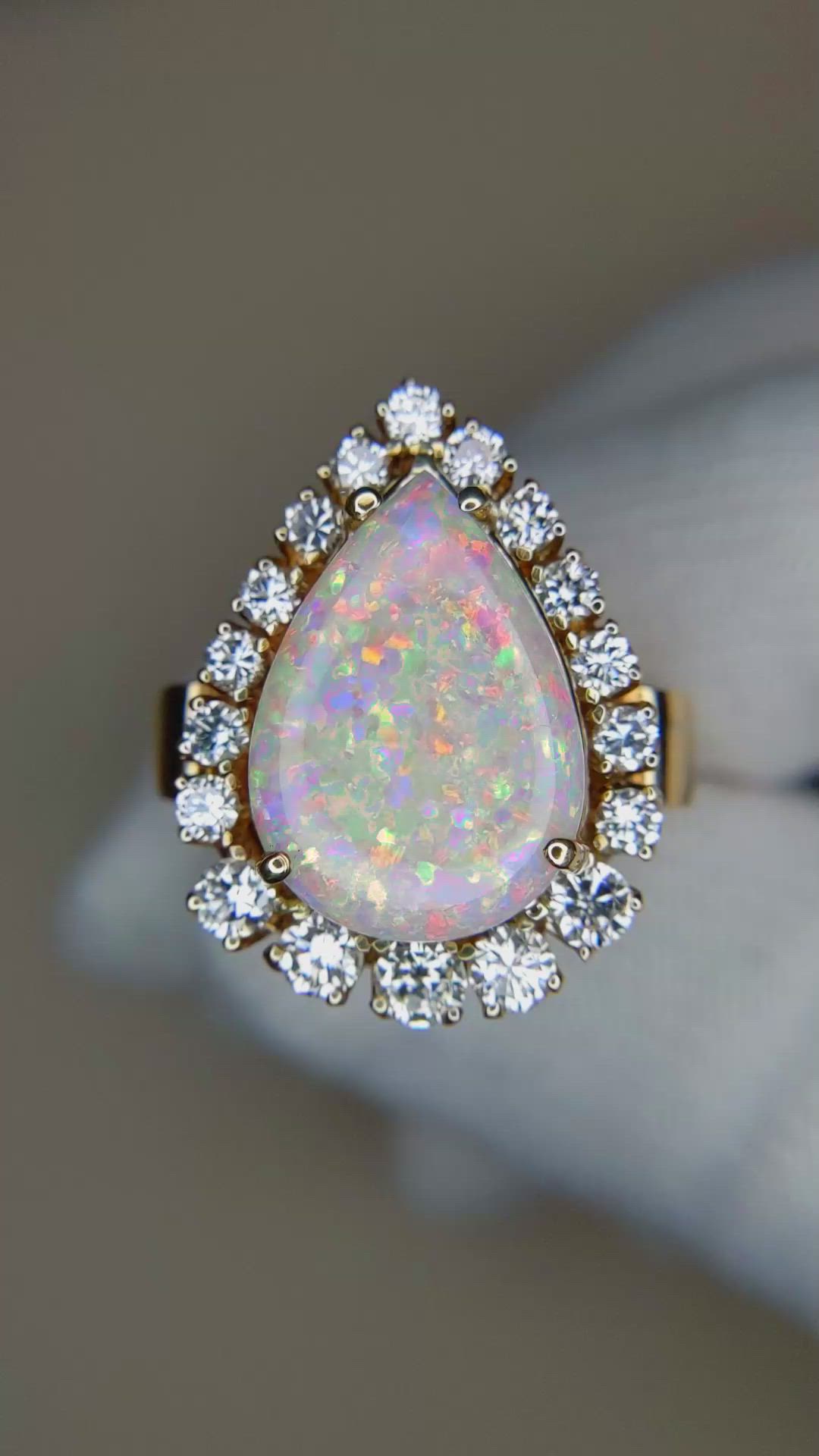 3.75 Ct. Multi Color Opal and Natural Diamond Halo Ring, 18K Yellow Gold Size Video