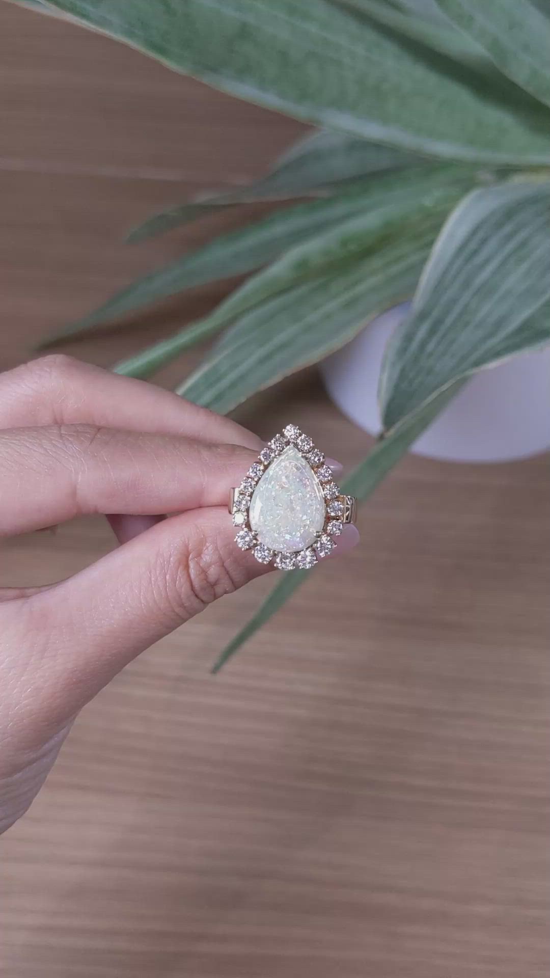 3.75 Ct. Multi Color Opal and Natural Diamond Halo Ring, 18K Yellow Gold Size Video