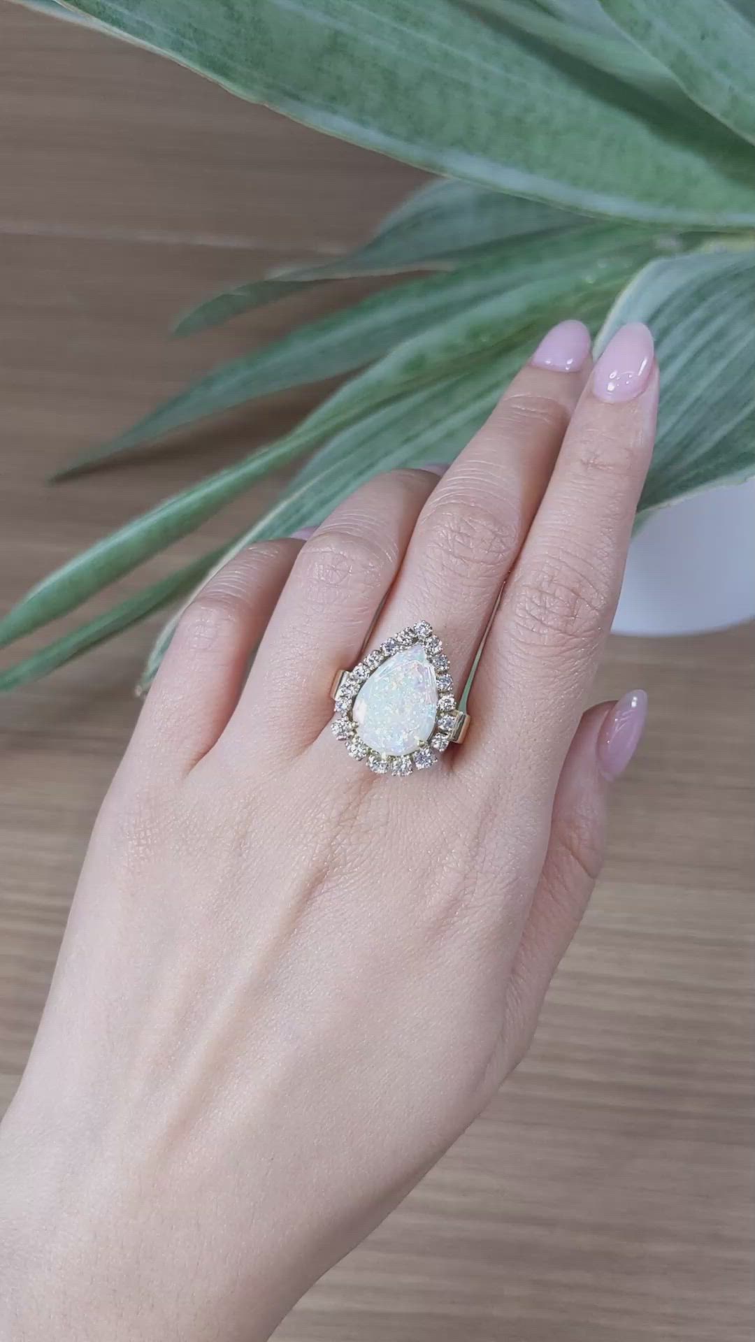 3.75 Ct. Multi Color Opal and Natural Diamond Halo Ring, 18K Yellow Gold Size Video