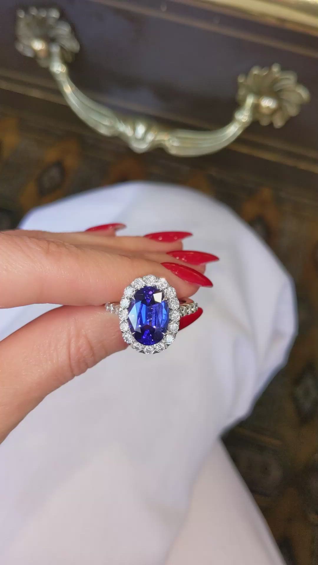 4.95 Ct. Violet Tanzanite and Natural Diamond Pave Ring, 18K White Gold Size Video