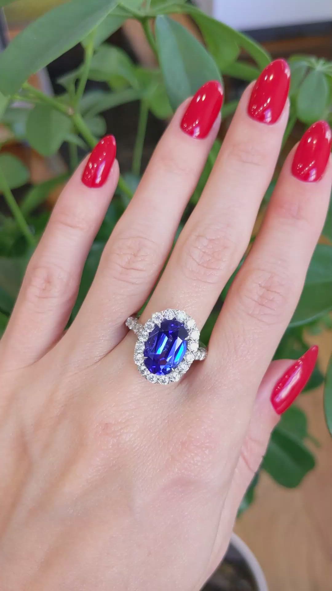 4.95 Ct. Violet Tanzanite and Natural Diamond Pave Ring, 18K White Gold Size Video