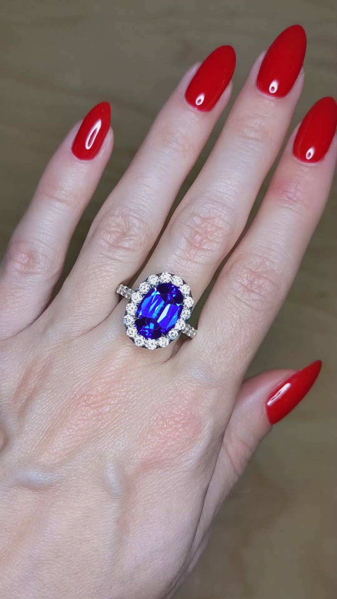 4.95 Ct. Violet Tanzanite and Natural Diamond Pave Ring, 18K White Gold Size Video