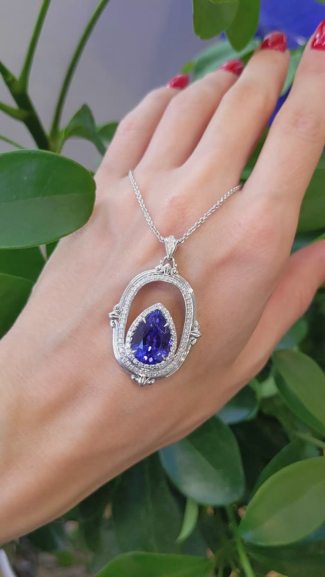 6.45 Ct. Violet Tanzanite and Natural Diamond Antique Style Pendant, 18K White Gold Size Video