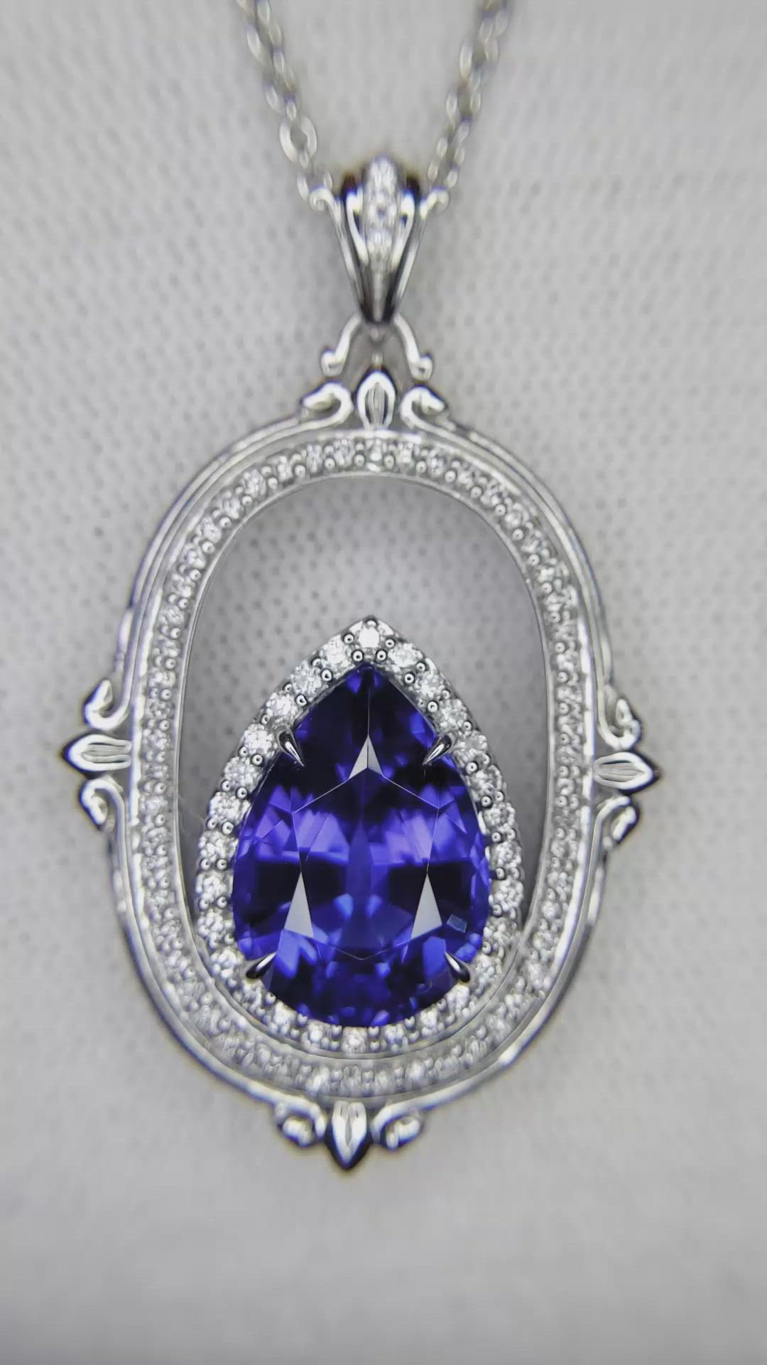 6.45 Ct. Violet Tanzanite and Natural Diamond Antique Style Pendant, 18K White Gold Size Video