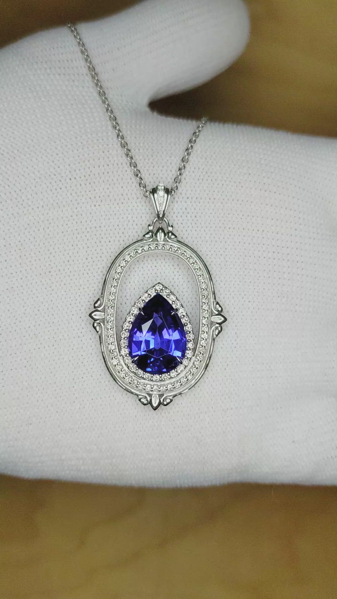 6.45 Ct. Violet Tanzanite and Natural Diamond Antique Style Pendant, 18K White Gold Size Video