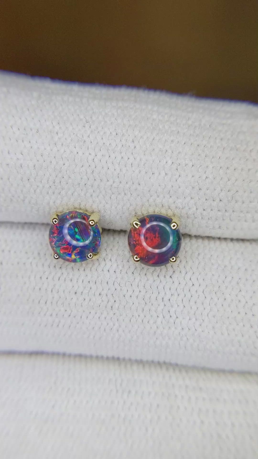 1.45 Ct.Tw.Total Carat Weight Multi Color Opal Studs Earrings, 14K Yellow Gold Size Video