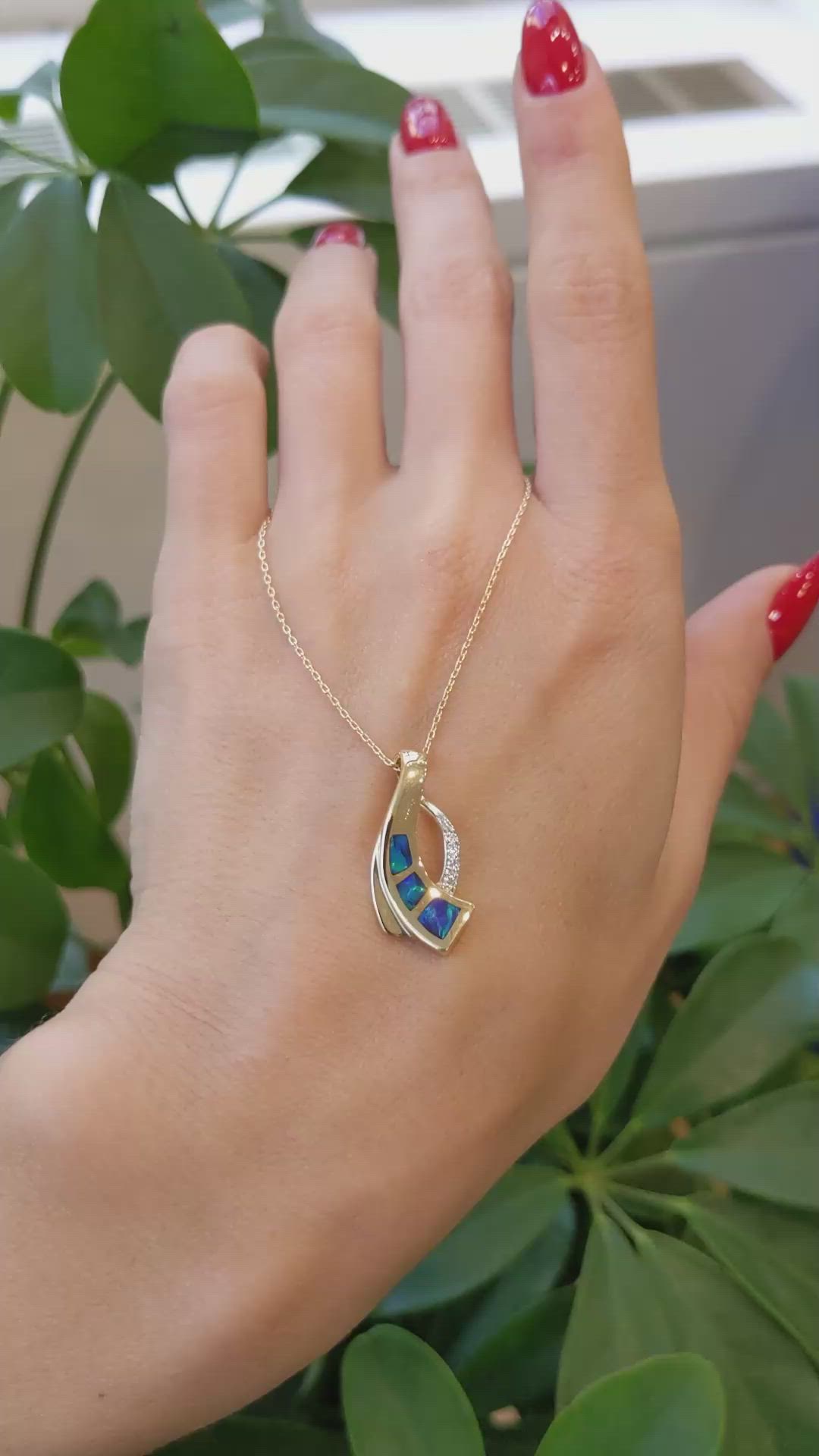 0.21 Ct. Multi Color Opal and Natural Diamond Pave Pendant, 14K White & Yellow Size Video