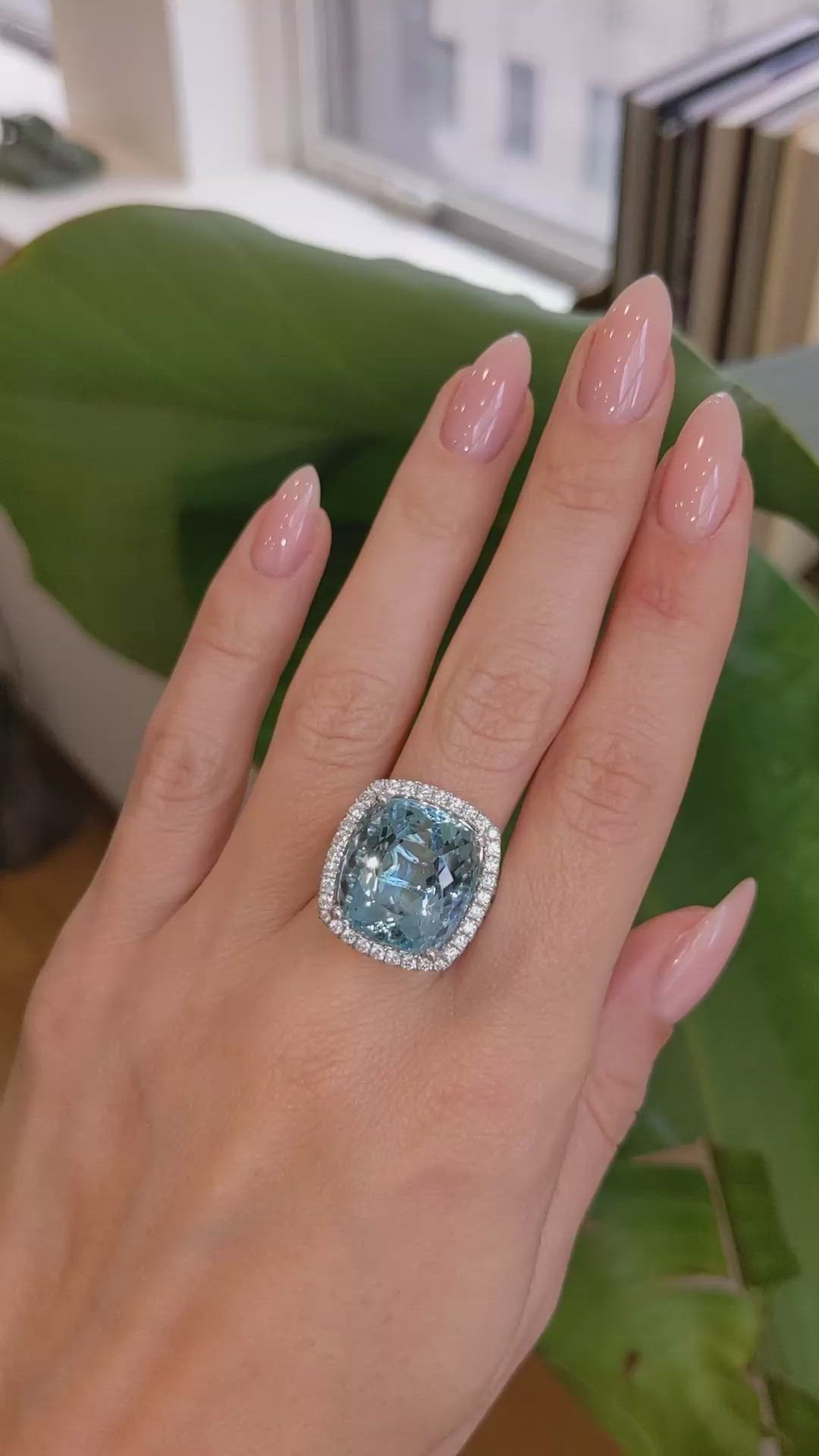 16.20 Ct. Blue Aquamarine and Natural Diamond Pave Ring, Platinum 950 Size Video