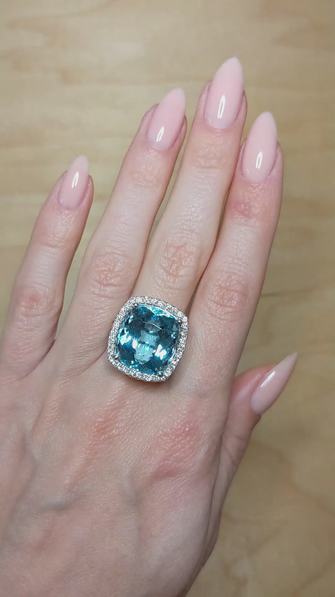 16.20 Ct. Blue Aquamarine and Natural Diamond Pave Ring, Platinum 950 Size Video