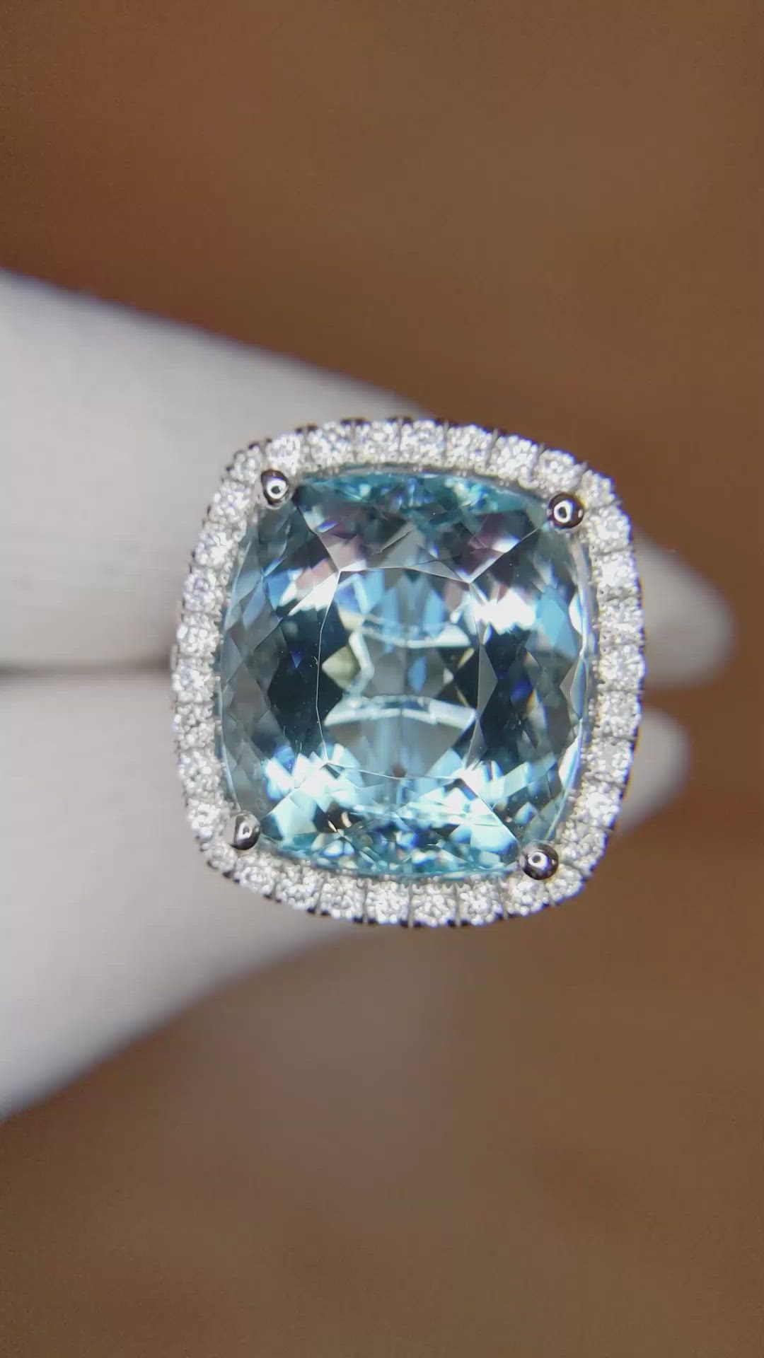 16.20 Ct. Blue Aquamarine and Natural Diamond Pave Ring, Platinum 950 Size Video