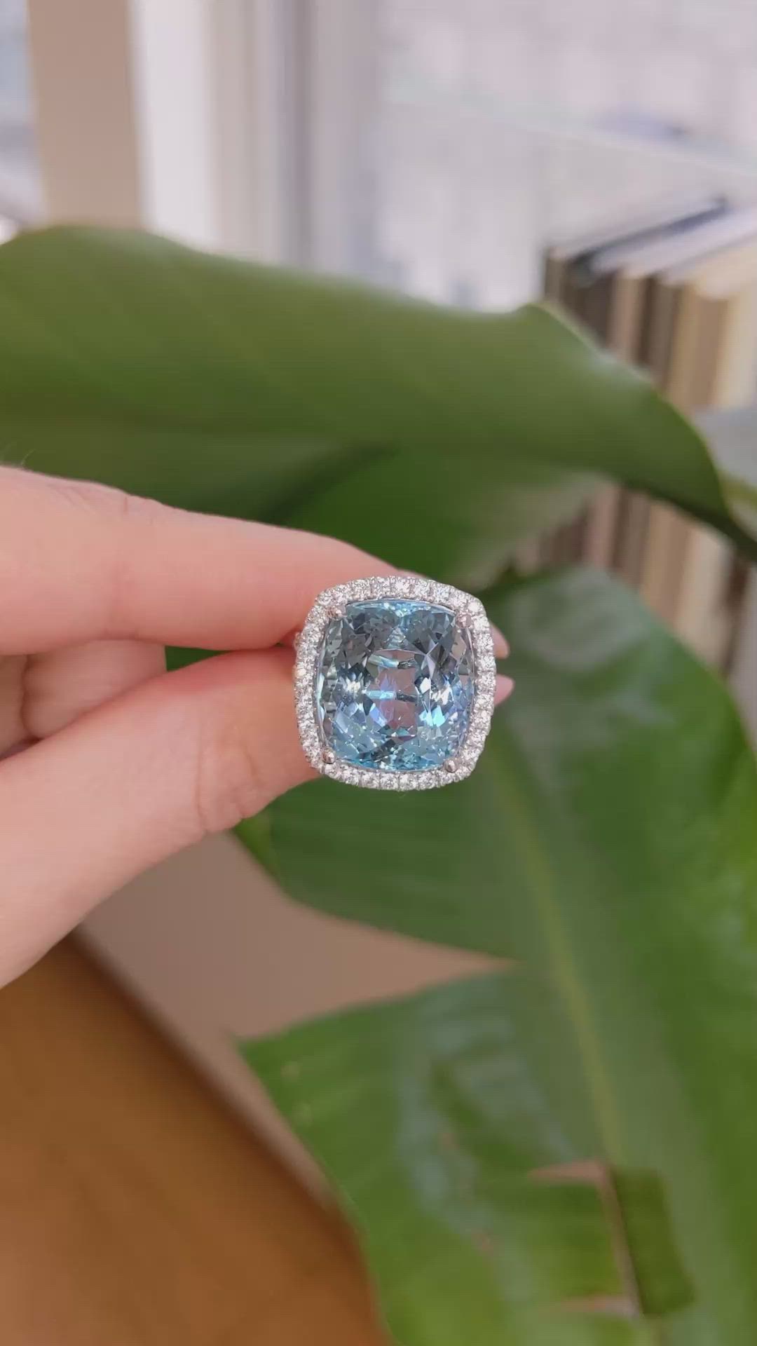 16.20 Ct. Blue Aquamarine and Natural Diamond Pave Ring, Platinum 950 Size Video